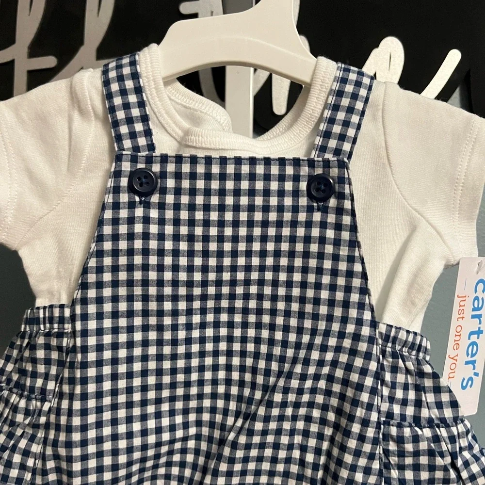 Carter's Just One You Navy Blue and White Gingham Baby Romper 3 months NWT